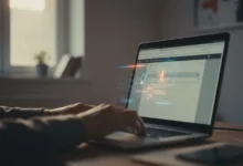 Écran d'ordinateur portable affichant une interface de navigateur, mains floues sur le clavier en arrière-plan, lumière naturelle
