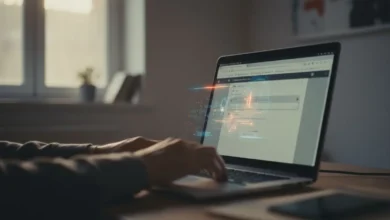 Écran d'ordinateur portable affichant une interface de navigateur, mains floues sur le clavier en arrière-plan, lumière naturelle