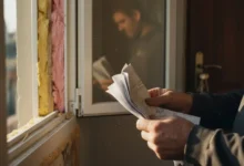 Mains tenant des documents administratifs froissés devant une fenêtre en cours de rénovation avec isolant apparent