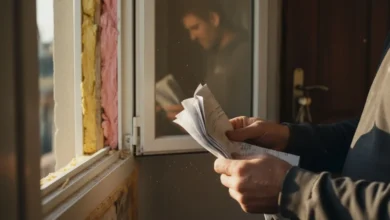 Mains tenant des documents administratifs froissés devant une fenêtre en cours de rénovation avec isolant apparent