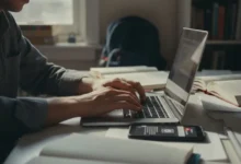 Mains tapant nerveusement sur un clavier d'ordinateur portable, téléphone posé sur un bureau encombré de documents
