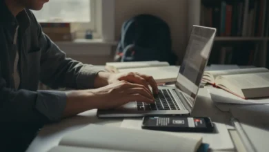 Mains tapant nerveusement sur un clavier d'ordinateur portable, téléphone posé sur un bureau encombré de documents