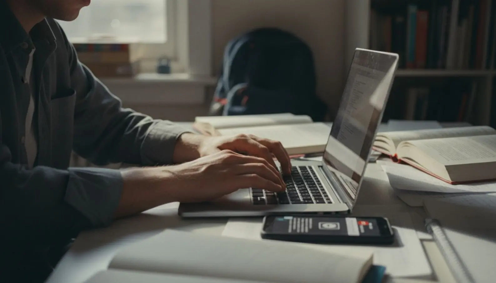 Mains tapant nerveusement sur un clavier d'ordinateur portable, téléphone posé sur un bureau encombré de documents