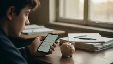 Mains d'adolescent tenant une calculatrice et une tirelire sur un bureau de classe avec cahiers en arrière-plan