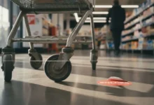 Roue de chariot de supermarché sur sol de magasin avec étiquettes de prix floues en arrière-plan