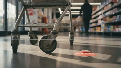 Roue de chariot de supermarché sur sol de magasin avec étiquettes de prix floues en arrière-plan