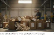 Cartons d'expédition empilés avec étiquettes de retour sur sol d'entrepôt, lumière naturelle