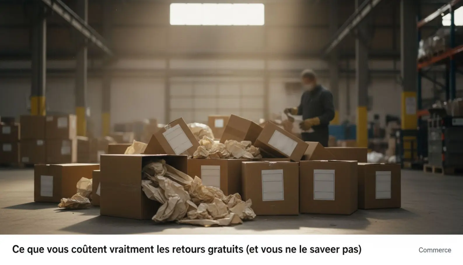 Cartons d'expédition empilés avec étiquettes de retour sur sol d'entrepôt, lumière naturelle