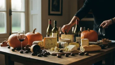 Table en bois garnie de produits d'automne, châtaignes, courges et fromages, mains floues en arrière-plan