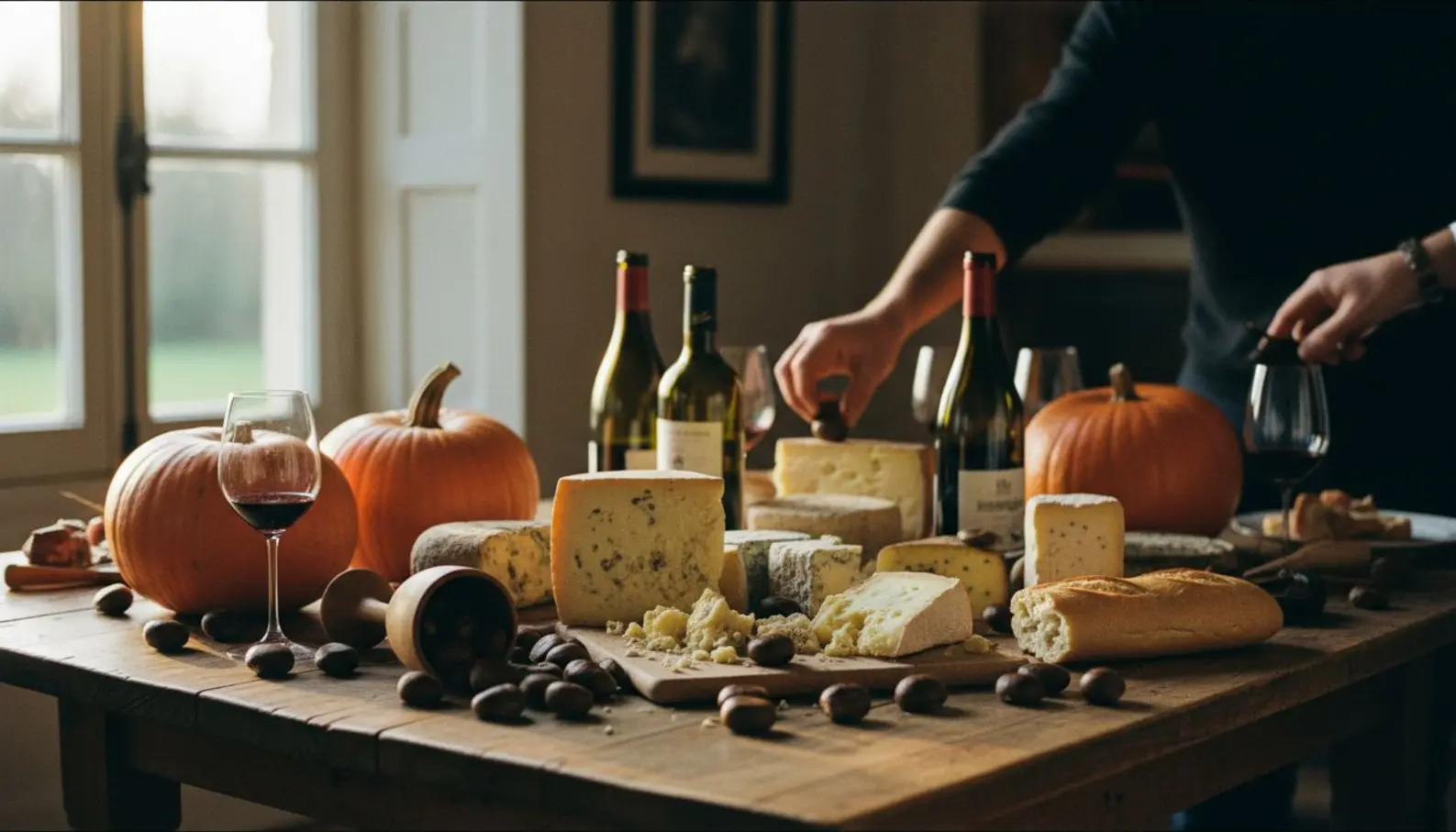 Table en bois garnie de produits d'automne, châtaignes, courges et fromages, mains floues en arrière-plan