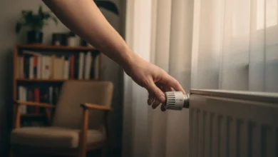 Mains ajustant la molette d'un thermostat de radiateur blanc dans un intérieur chaleureux