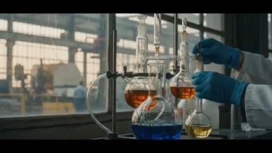 Verrerie de laboratoire chimique industriel avec liquides colorés, mains gantées d'un technicien en arrière-plan