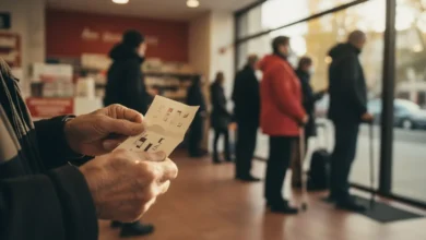 Mains d'une personne âgée tenant un carnet de vaccination dans une salle d'attente de pharmacie