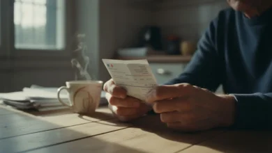 Mains tenant une fiche de paie française sur une table de cuisine éclairée par la lumière du matin