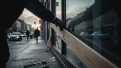 Mains d'un commerçant fixant des planches de protection sur une vitrine de magasin en milieu urbain