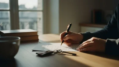 Mains signant un contrat de location sur une table en bois avec des clés d'appartement posées à côté