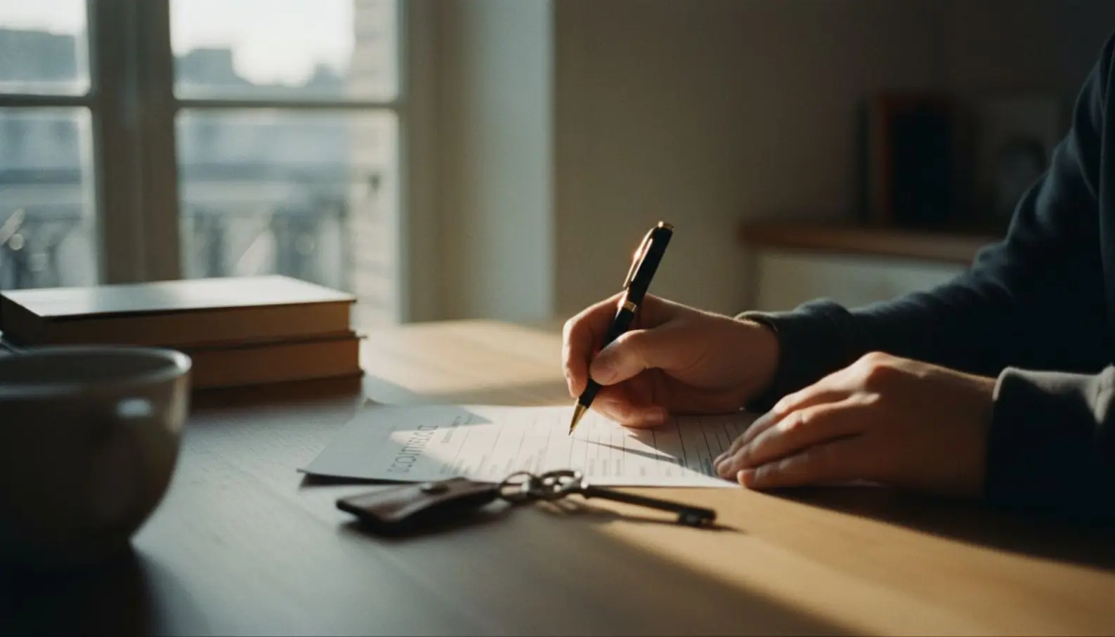 Mains signant un contrat de location sur une table en bois avec des clés d'appartement posées à côté