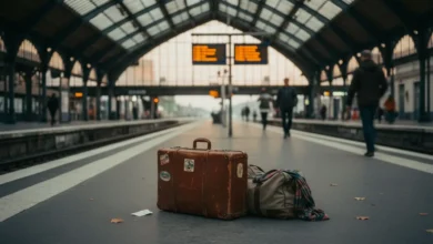 Quai de gare vide au crépuscule avec valise abandonnée et tableau d'affichage indiquant des retards