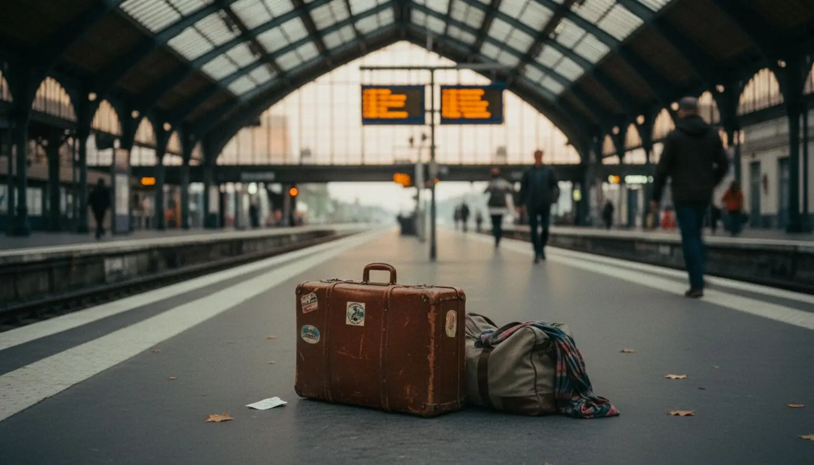 Quai de gare vide au crépuscule avec valise abandonnée et tableau d'affichage indiquant des retards